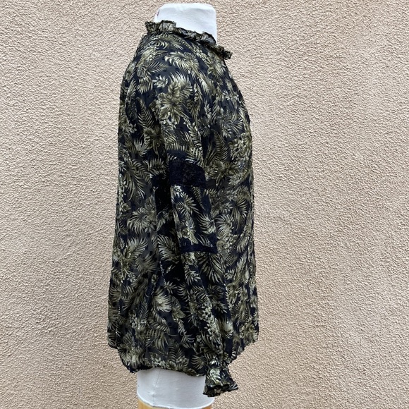 Zara Raised Velvet Sheer Crochet Bishop Sleeve Peasant Blouse Peek-a-Boo Yoke - Picture 6 of 9